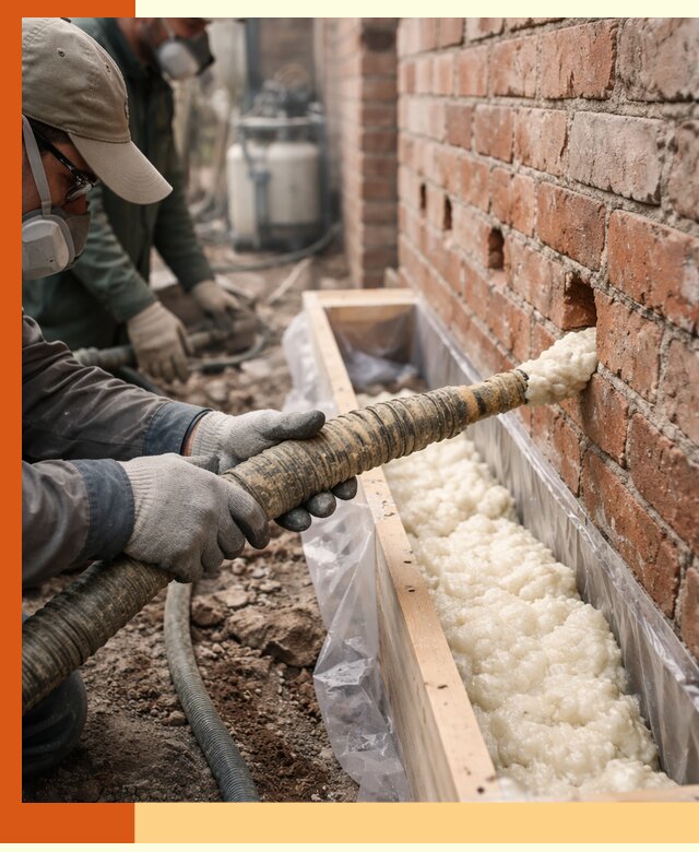 Заливка ППУ в пустоты кирпичной стены в Малгобеке