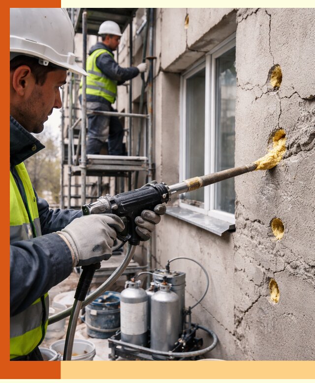 Заполнение пустот в фасаде и утепление стен в Малгобеке