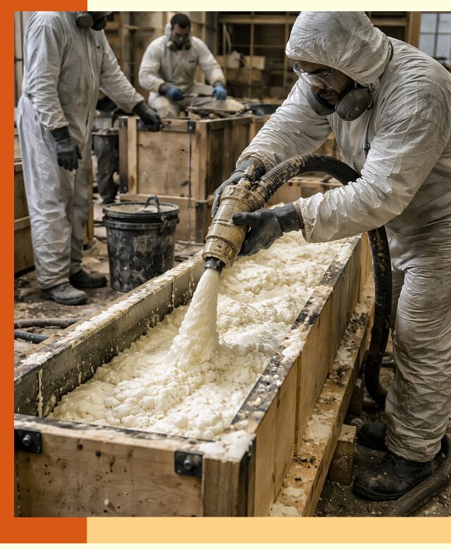 Заливка пенополиуретана в формы для утепления в Малгобеке